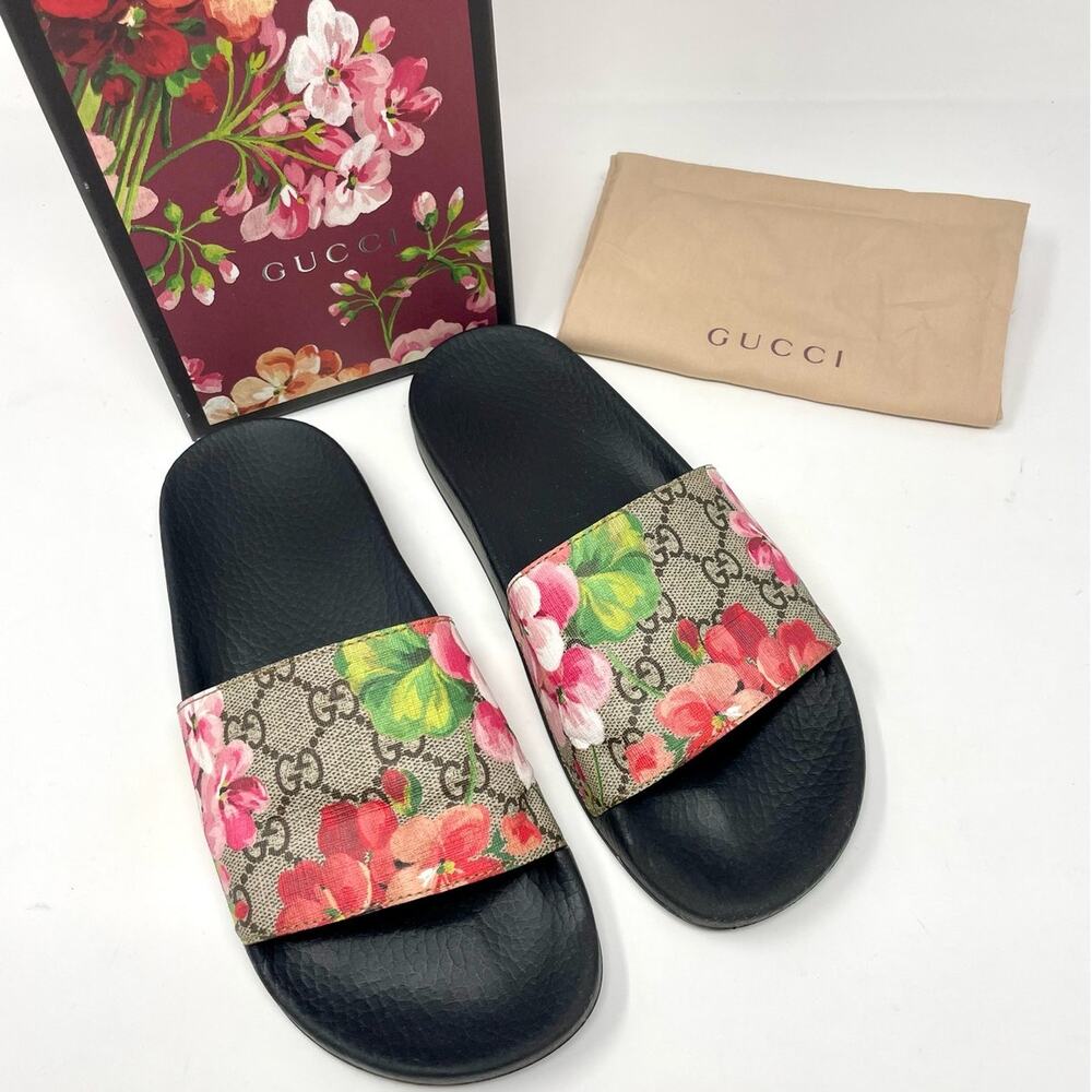 Gucci GG Blooms Floral Slide Sandals in Black, Pink, Green